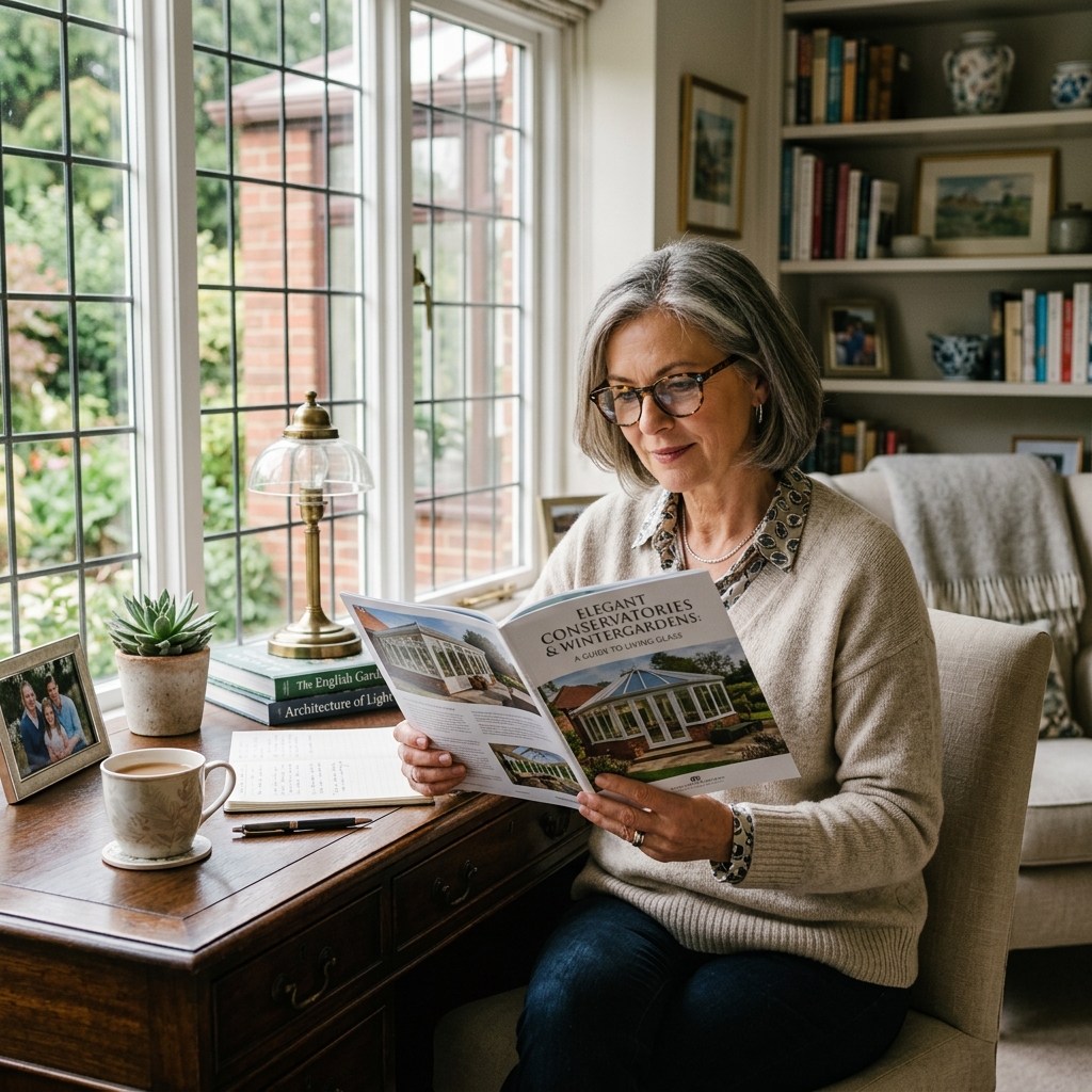 Dame liest im Ratgeber über Wintergärten